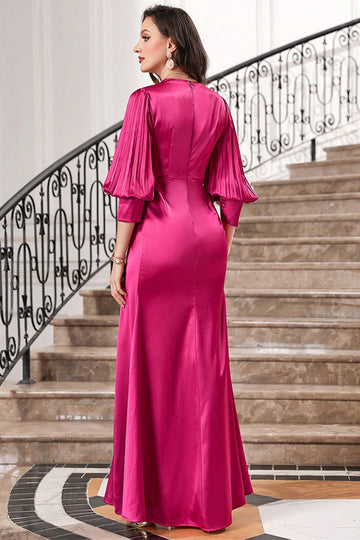 Vestido de fiesta largo plisado fucsia con mangas farol
